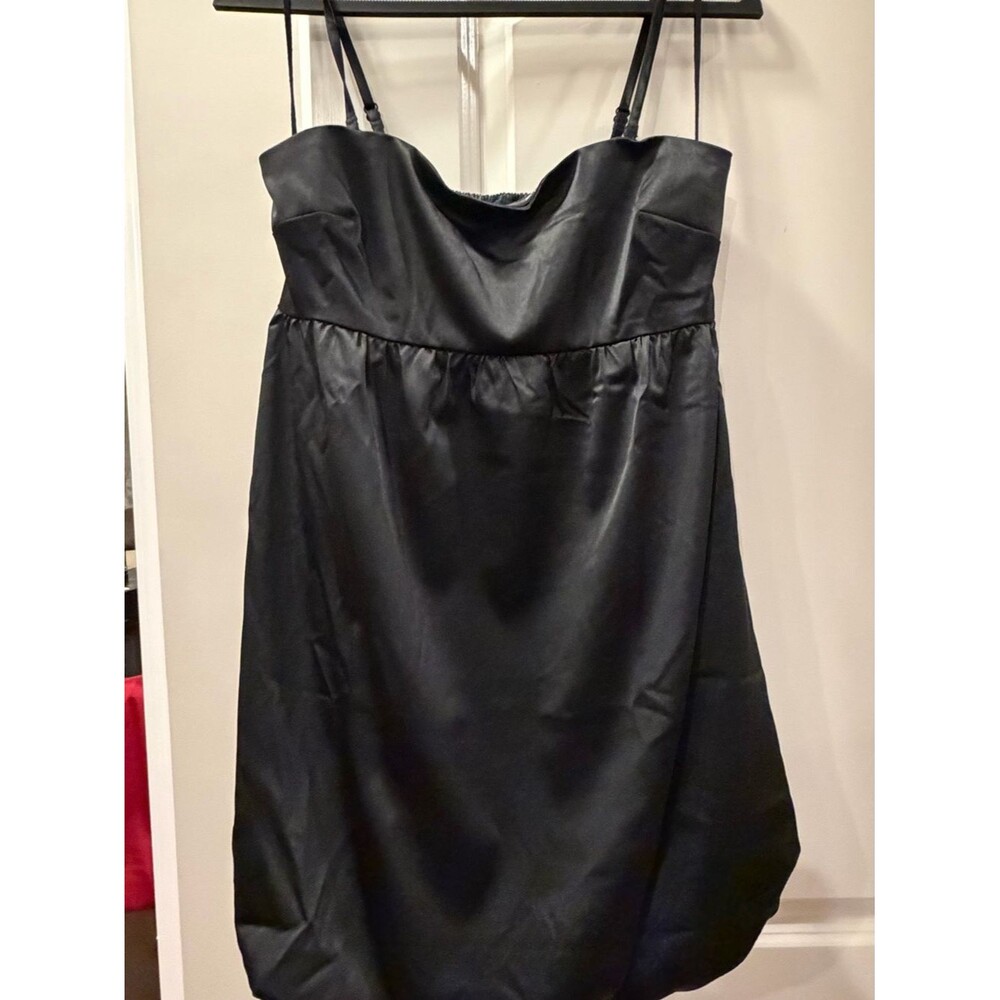 Black Satin Bubble Hem Mini Dress with Adjustable Straps/Medium